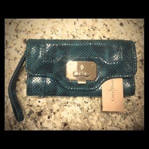 Cole Haan Isabelle clutch, teal snake print